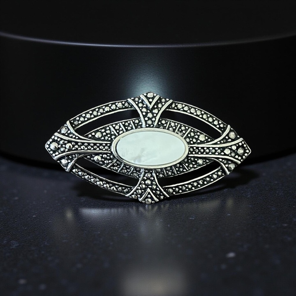 Vintage Silver Marcasite Iridescent Mother of Pearl Pin Brooch